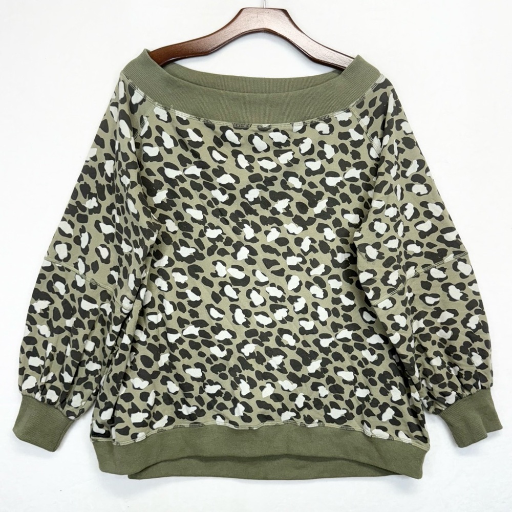Easel Olive Leopard Print Off-Shoulder Sweatshirt